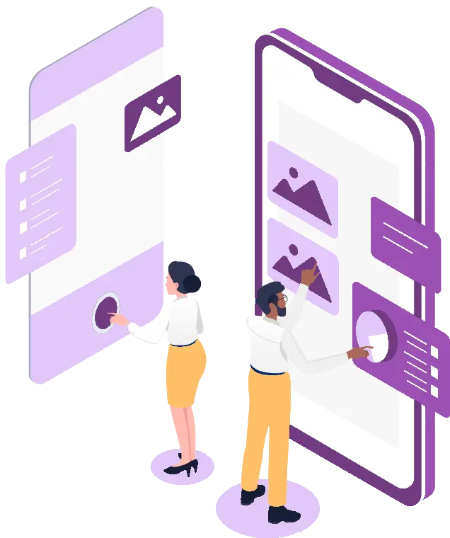 Two people using a cross-platform mobile application on two different mobile devices having different OS platforms.
