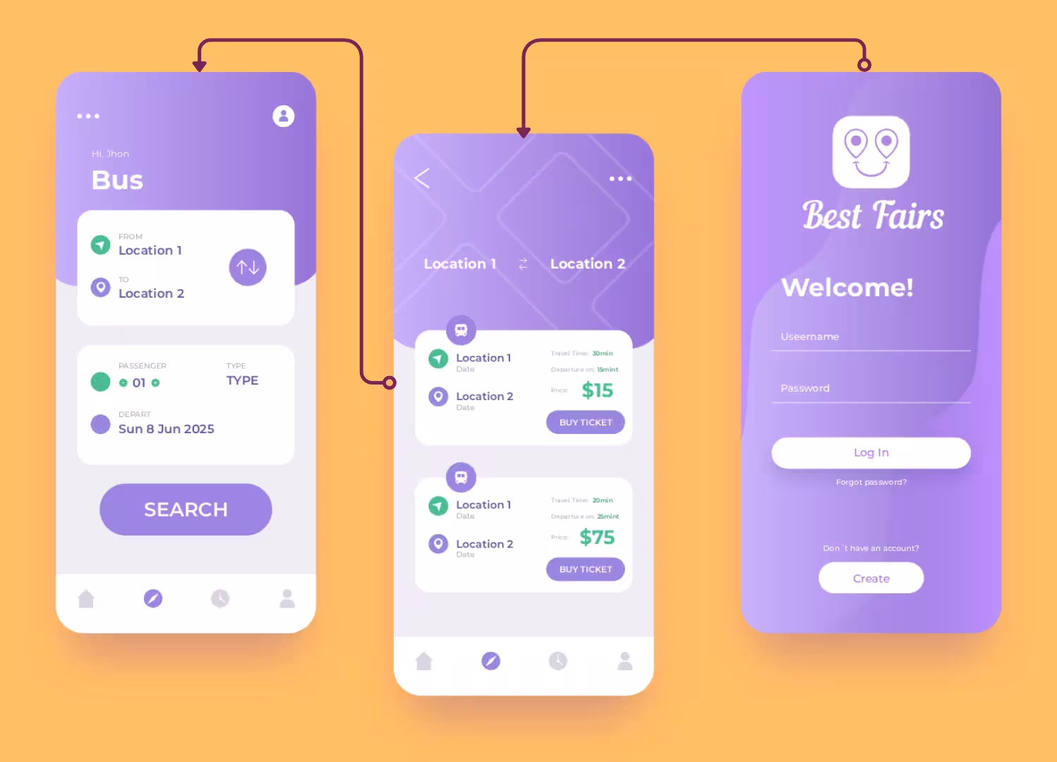 A UI/UX design of a mobile application with prototyping connections showing user flow.