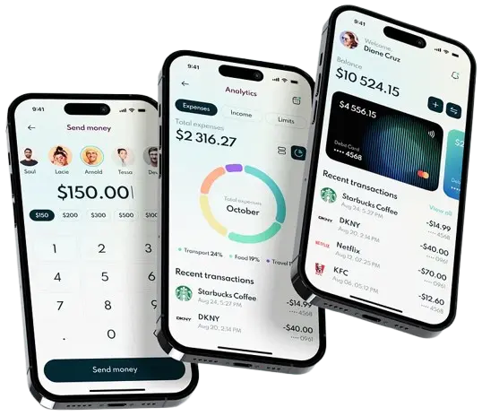 Screens of a mobile app with a beautiful UI/UX design and Fintech functionalities.