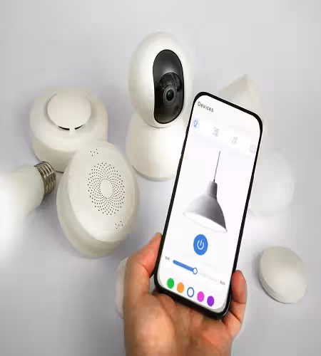 IoT enabled camera, smoke detector and lights connected by a mobile app which can control them.