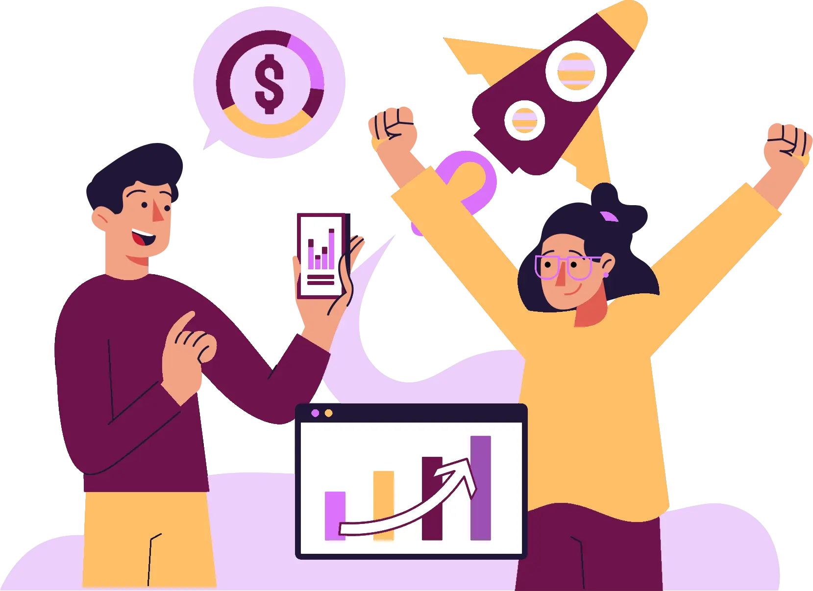 Marketeer celebrating growth, profits and success in business KPIs with stakeholder.