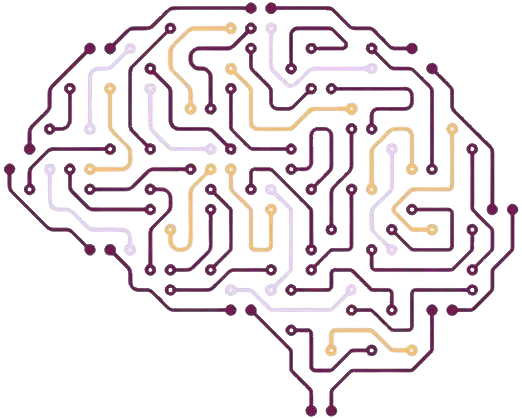 Artificial neural network, in the shape of human brain, with neurons and connecting nodes.